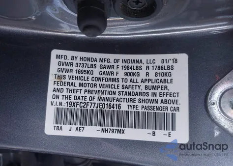 2018 Honda Civic Ex из США, поврежденный, VIN 19XFC2F77JE016416